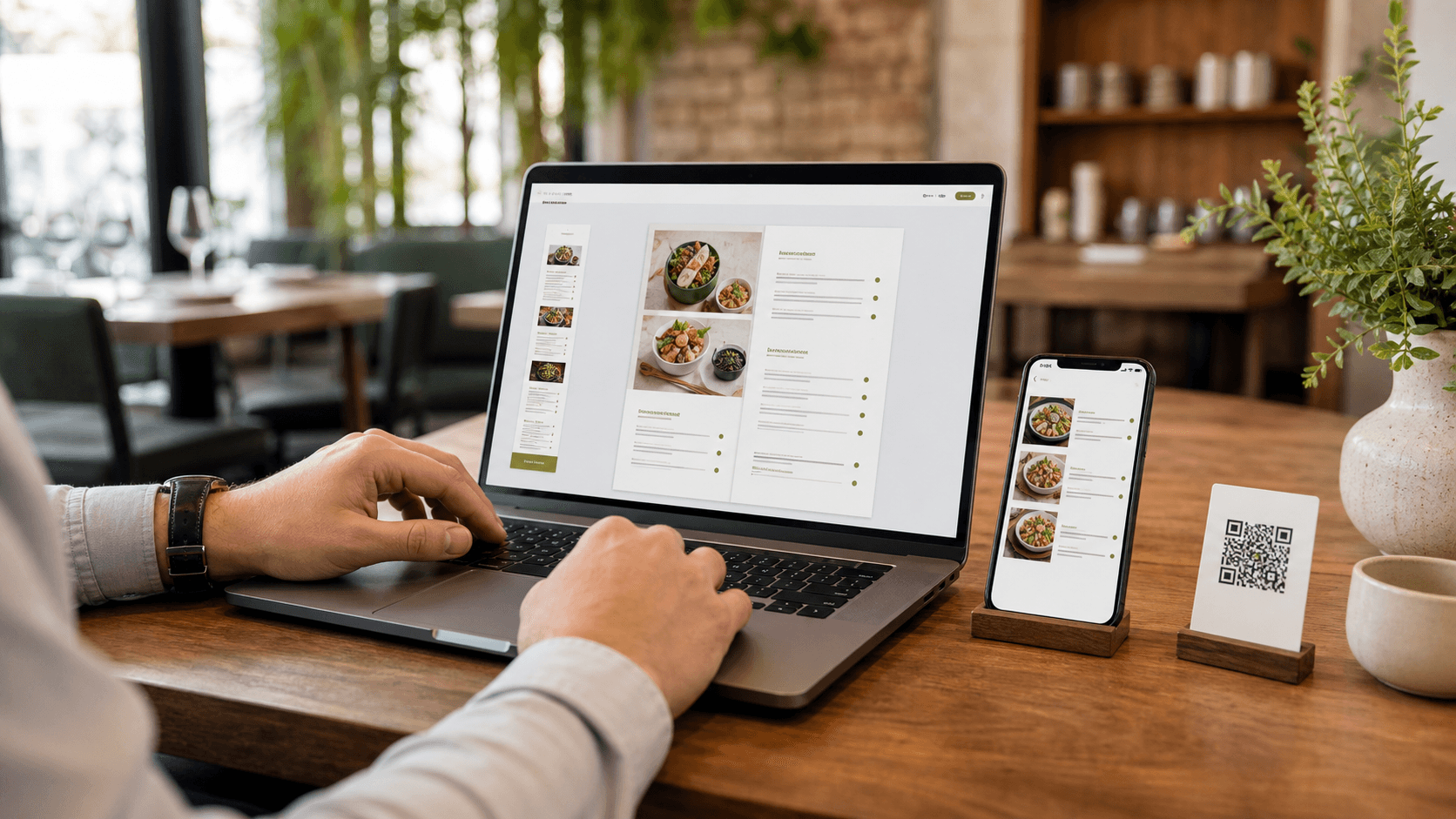 Person erstellt eine digitale Speisekarte am Laptop mit QR-Code-Vorschau