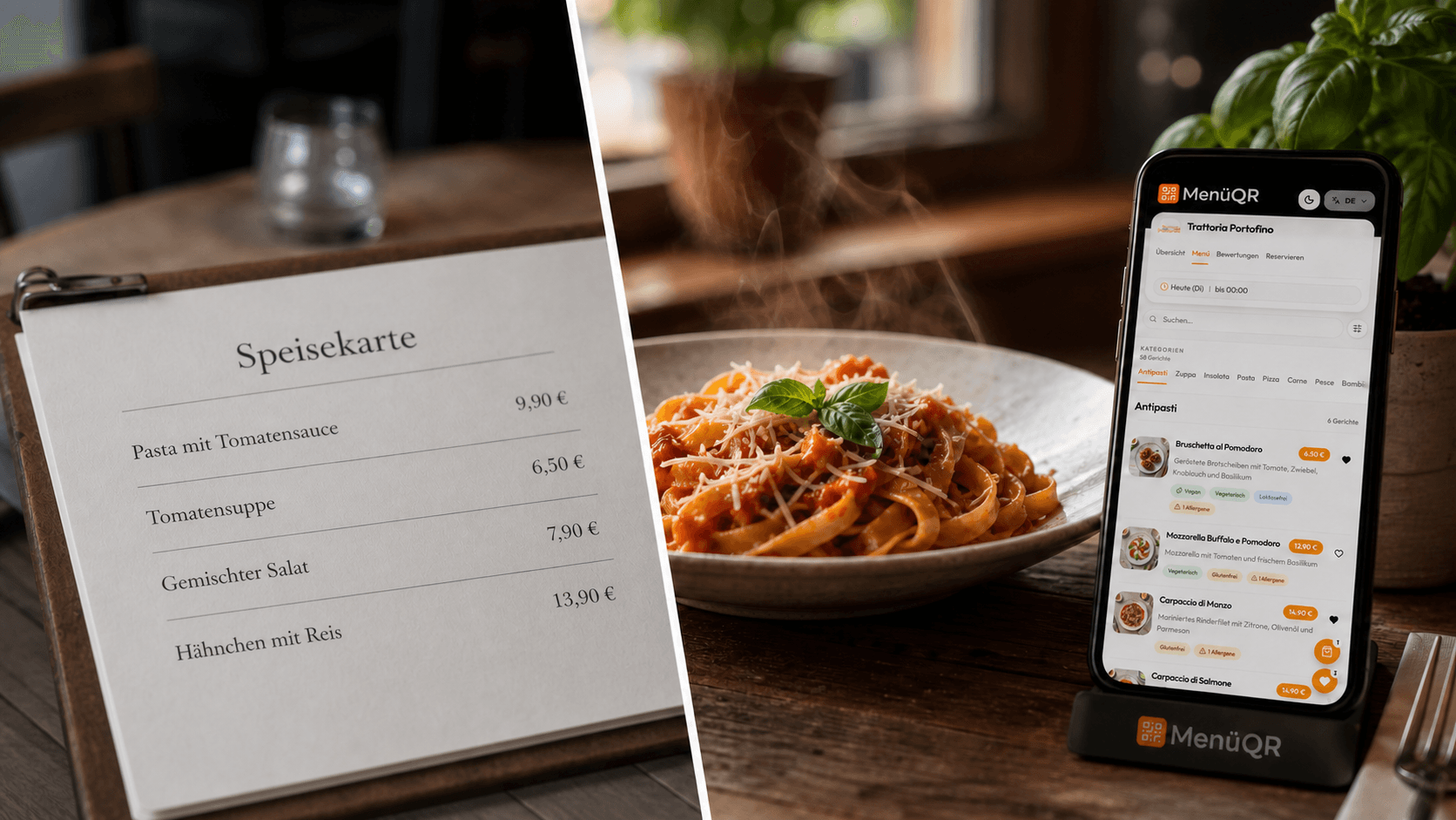 Vergleich: links nüchterne Menükarte mit Preisen, rechts appetitliche Gerichtsbeschreibung mit dampfender Pasta und digitalem Menü