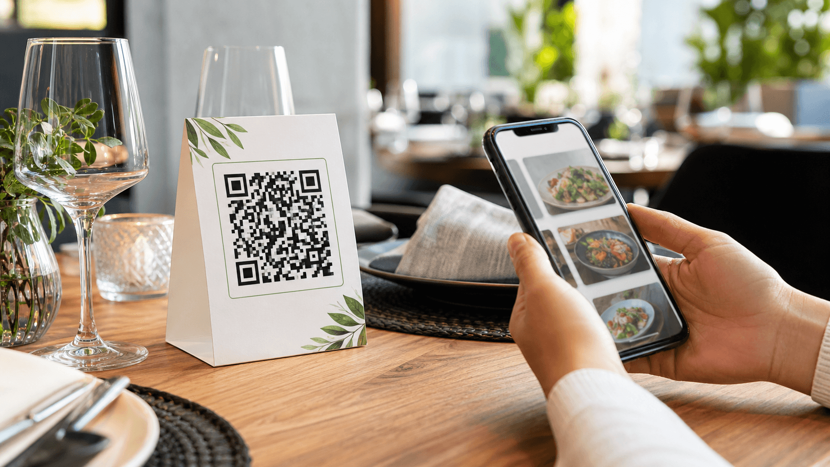 QR-Code auf einem Tischaufsteller im Restaurant
