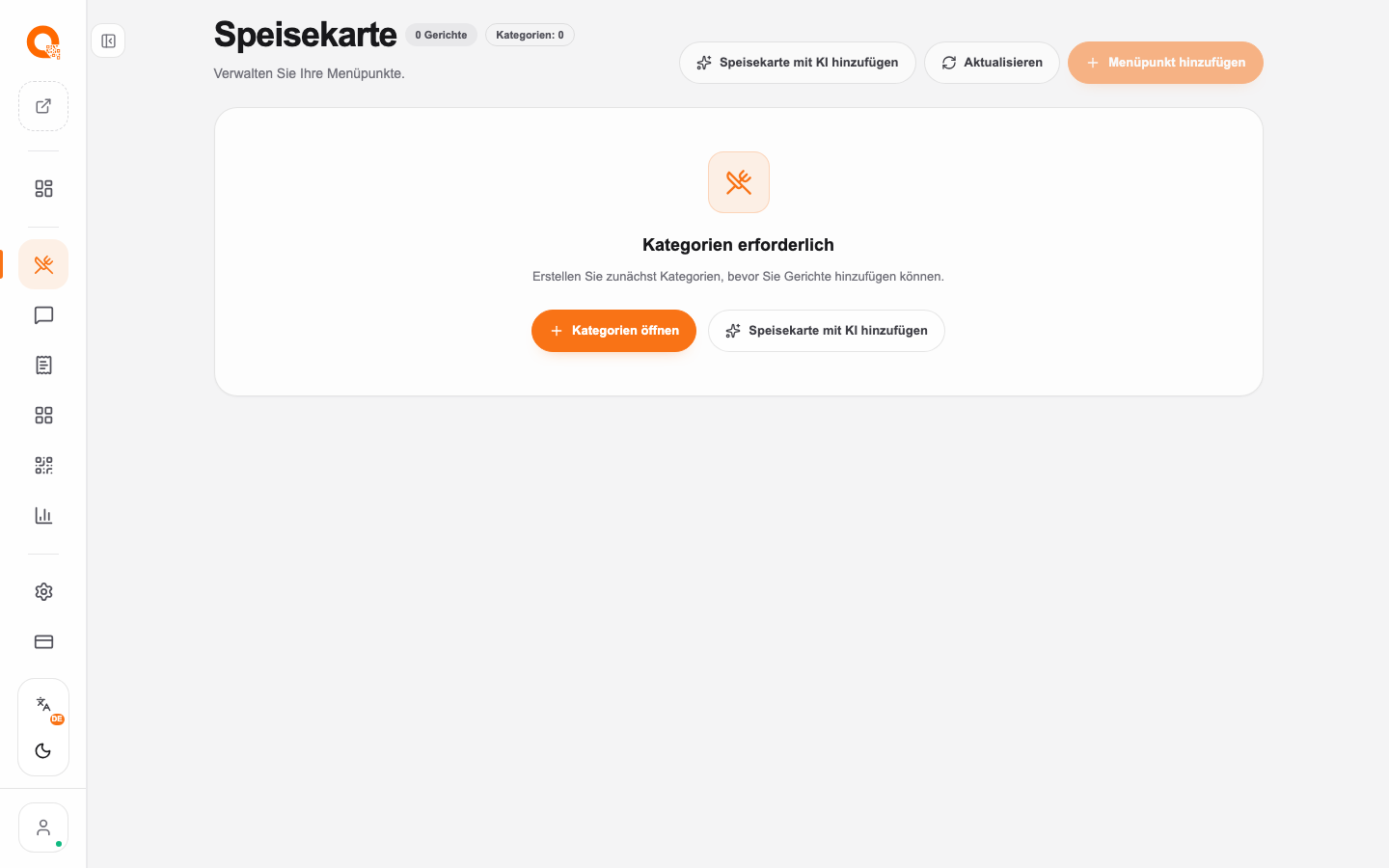 Speisekarte per KI importieren. PDF oder Foto hochladen und Gerichte, Kategorien sowie Preise automatisch erfassen.
